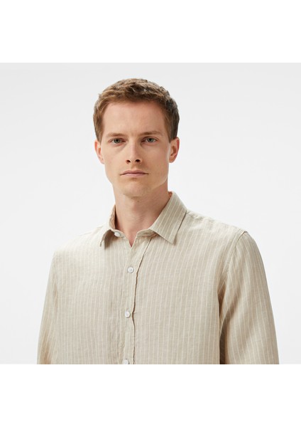 Erkek Bej Classic Fit Çizgili Keten Gömlek W55434T.12X