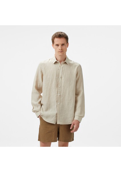Erkek Bej Classic Fit Çizgili Keten Gömlek W55434T.12X