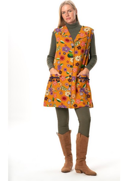 Kevser Çiçek Desenli Otantik Çift Cepli Kolsuz Pazen Kışlık Yelek Hardal Hrd