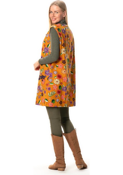 Kevser Çiçek Desenli Otantik Çift Cepli Kolsuz Pazen Kışlık Yelek Hardal Hrd fiyatları