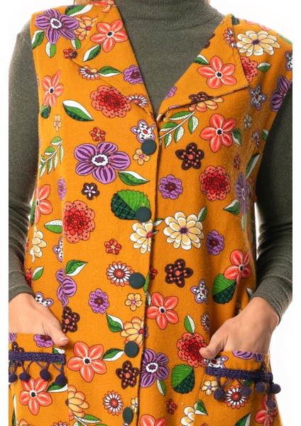 Kevser Çiçek Desenli Otantik Çift Cepli Kolsuz Pazen Kışlık Yelek Hardal Hrd modelleri