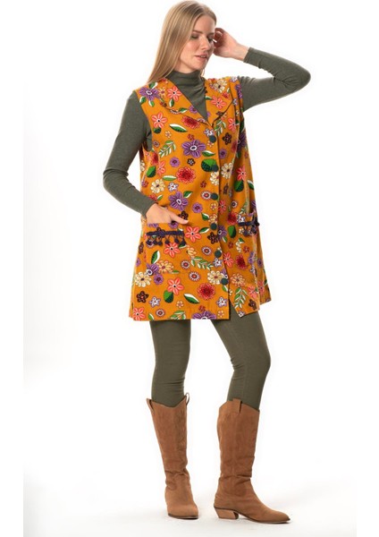 Kevser Çiçek Desenli Otantik Çift Cepli Kolsuz Pazen Kışlık Yelek Hardal Hrd fırsatları