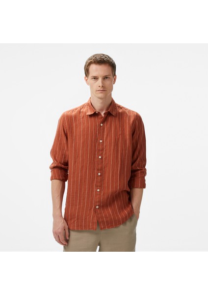 Erkek Kırmızı Classic Fit Çizgili Keten Gömlek W55422T.6XP