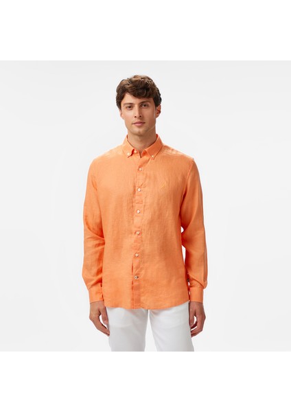 Erkek Turuncu Classic Fit Keten Gömlek W55101T.62L