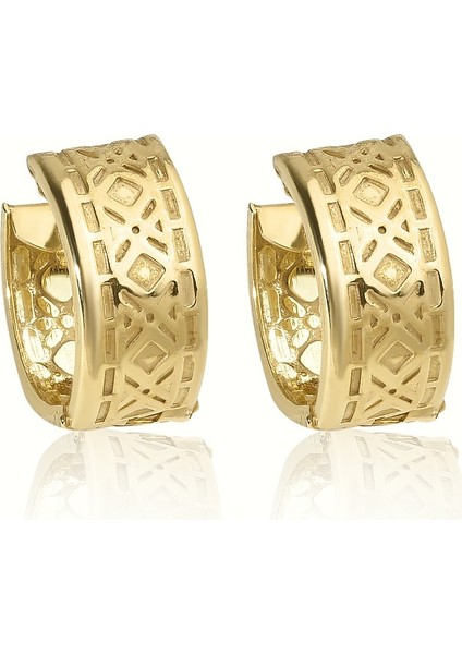 14 Ayar Mikron Altın Kaplama Kalın Desenli Huggie Halka Gümüş Küpe - E00299 fırsatları