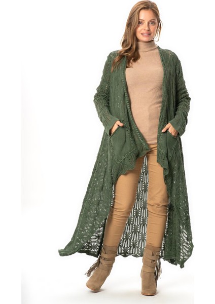 Uzun Kol Sena Asimetrik Kesim Sonbahar ve Kışlık Salaş Cepli Triko Hırka Haki Hk