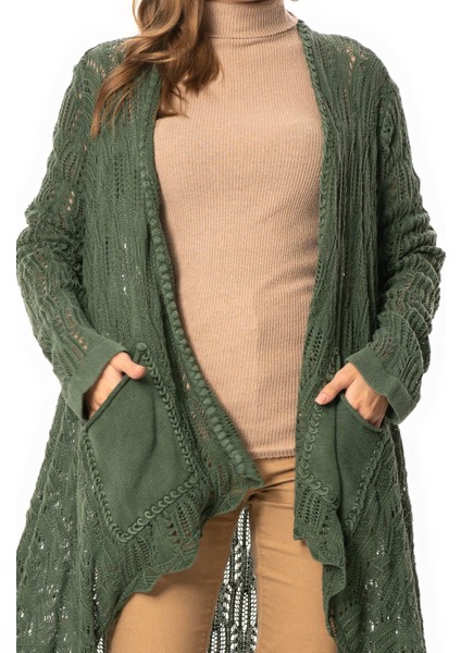 Uzun Kol Sena Asimetrik Kesim Sonbahar ve Kışlık Salaş Cepli Triko Hırka Haki Hk modelleri