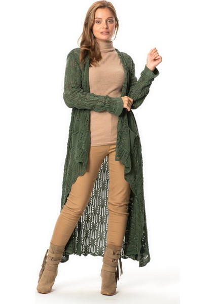 Uzun Kol Sena Asimetrik Kesim Sonbahar ve Kışlık Salaş Cepli Triko Hırka Haki Hk indirimleri