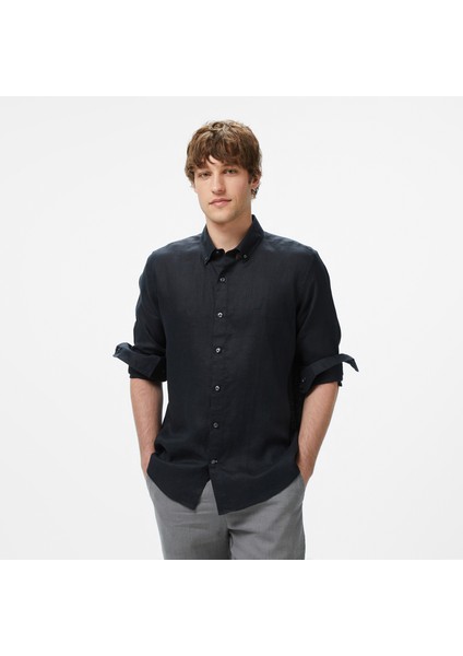 Erkek Siyah Classic Fit Keten Gömlek W55101T.0TB