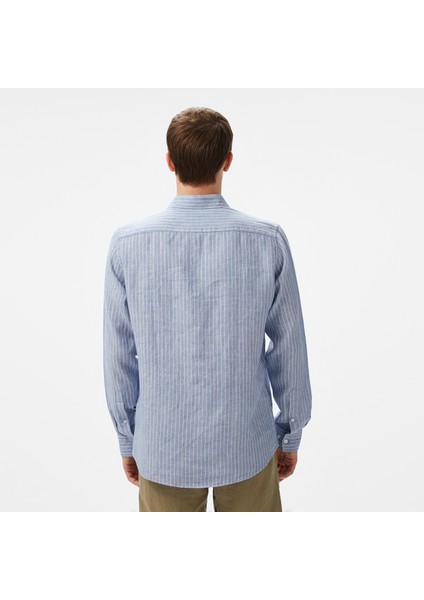 Erkek Mavi Classic Fit Çizgili Keten Gömlek W55434T.4FS