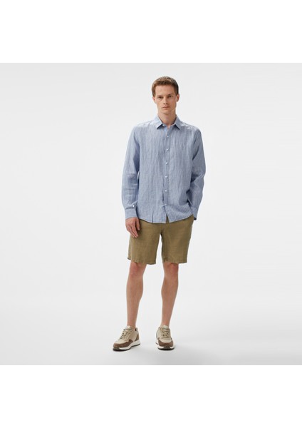 Erkek Mavi Classic Fit Çizgili Keten Gömlek W55434T.4FS