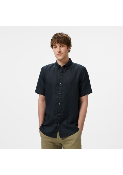 Erkek Siyah Classic Fit Keten Gömlek W55100T.0TB