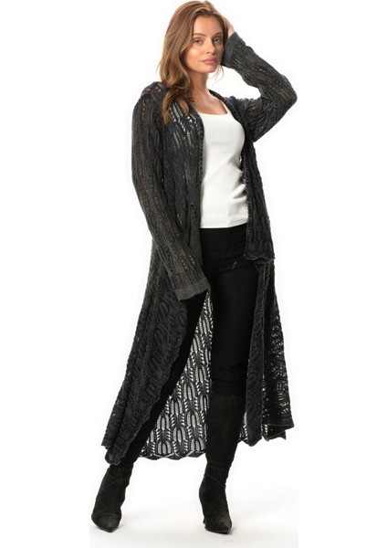 Uzun Kol Sena Asimetrik Kesim Sonbahar ve Kışlık Salaş Cepli Triko Hırka Füme Fm