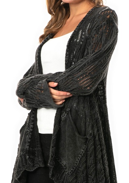 Uzun Kol Sena Asimetrik Kesim Sonbahar ve Kışlık Salaş Cepli Triko Hırka Füme Fm modelleri