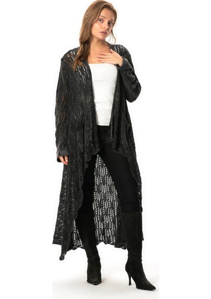 Uzun Kol Sena Asimetrik Kesim Sonbahar ve Kışlık Salaş Cepli Triko Hırka Füme Fm fırsatları