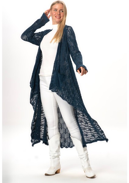 Uzun Kol Sena Asimetrik Kesim Sonbahar ve Kışlık Salaş Cepli Triko Hırka Indigo Indg fırsatları