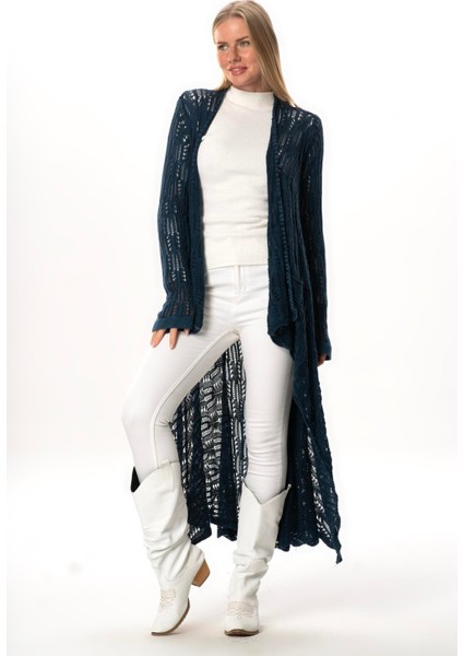 Uzun Kol Sena Asimetrik Kesim Sonbahar ve Kışlık Salaş Cepli Triko Hırka Indigo Indg indirimleri