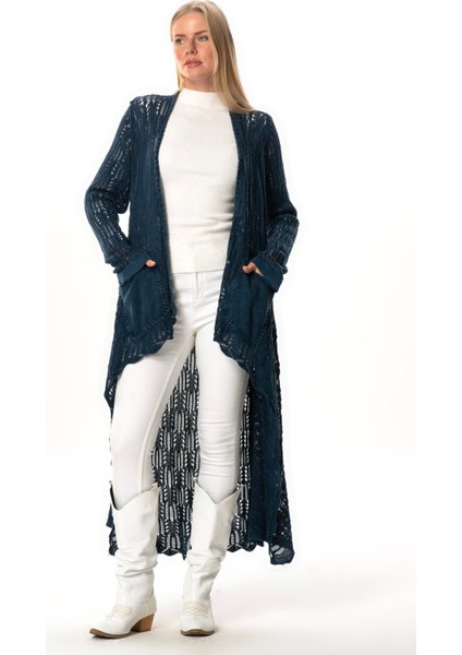 Uzun Kol Sena Asimetrik Kesim Sonbahar ve Kışlık Salaş Cepli Triko Hırka Indigo Indg