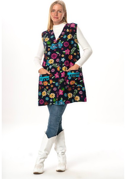 Kevser Çiçek Desenli Otantik Çift Cepli Kolsuz Pazen Kışlık Yelek Lacivert Lcvt