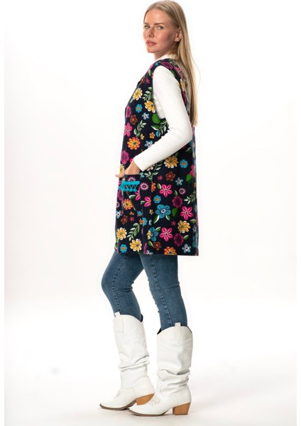 Kevser Çiçek Desenli Otantik Çift Cepli Kolsuz Pazen Kışlık Yelek Lacivert Lcvt fırsatları