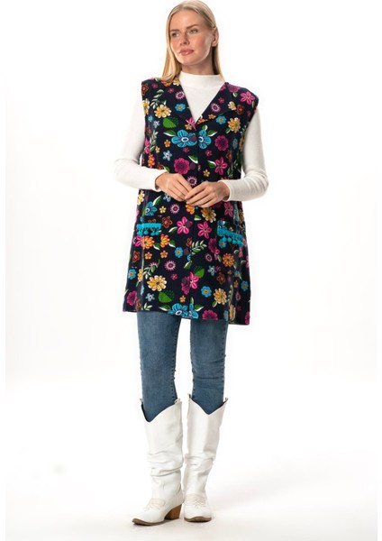 Kevser Çiçek Desenli Otantik Çift Cepli Kolsuz Pazen Kışlık Yelek Lacivert Lcvt indirimleri