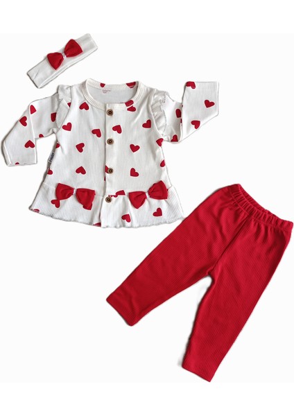 Kız Bebek Kalpli Fitilli Önü Düğmeli &bandanalı 3 Lü Takım