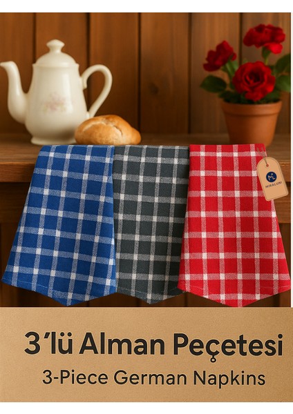 3'lü Alman Peçetesi Seti – Kareli Mutfak Havlusu, Yumuşak Dokulu Kurulama Bezi, Renkli Pamuklu Bez Seti