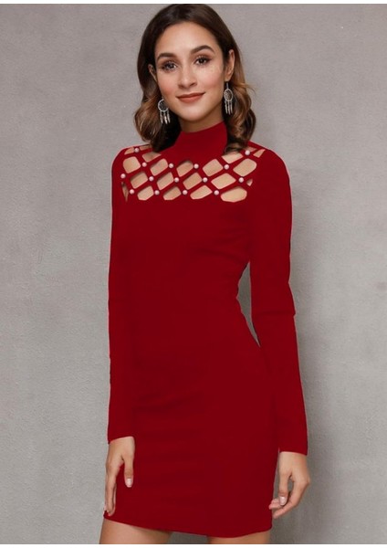 Kadın Uzun Kollu Bisiklet Yaka Lazer Kesim Inci Detay Viskon Iki Iplik Mini Boy Elbise fiyatları