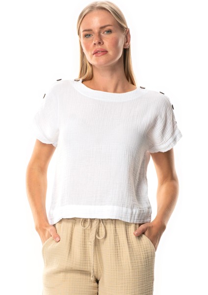 Kısa Kol Serap Bisiklet Yaka Müslin Yazlık Bluz Beyaz Byz