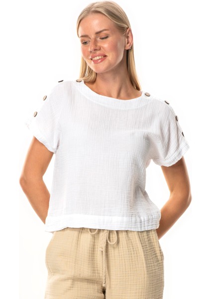 Kısa Kol Serap Bisiklet Yaka Müslin Yazlık Bluz Beyaz Byz indirimleri