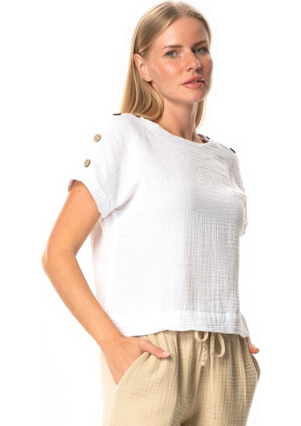 Kısa Kol Serap Bisiklet Yaka Müslin Yazlık Bluz Beyaz Byz