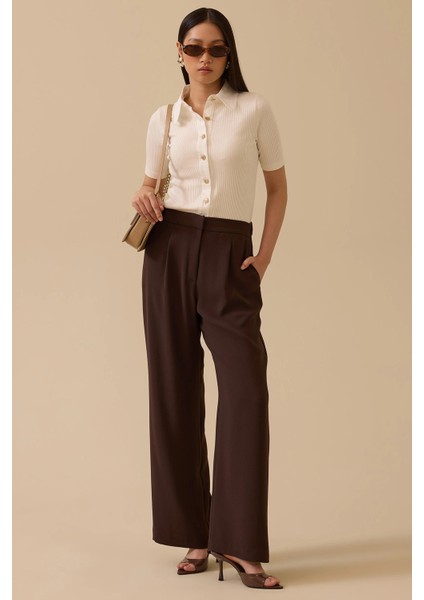 Kadın Pile Detaylı Bol Paça Pantolon 1014 Kahverengi