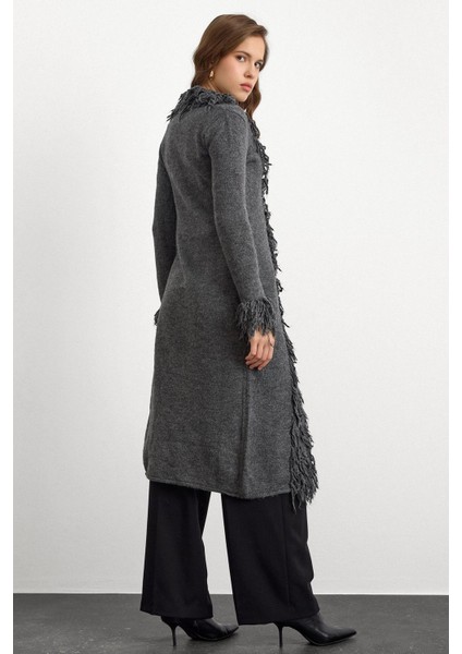 Püskül Detaylı Uzun Triko Hırka Antrasit 8281