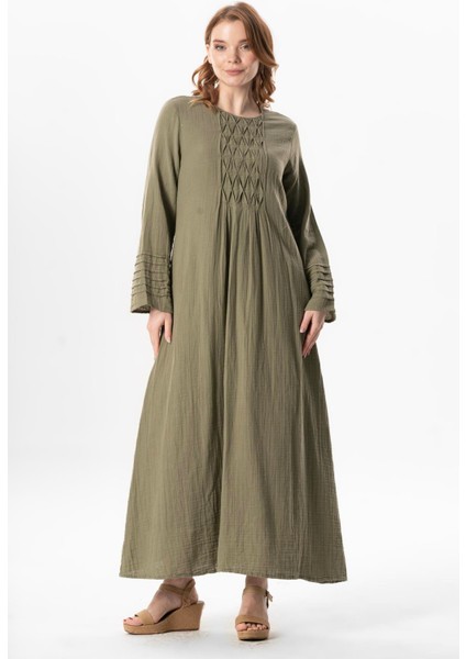 Uzun Kol Şahika Nervür Detaylı Uzun Müslin Yazlık Elbise Haki Hk