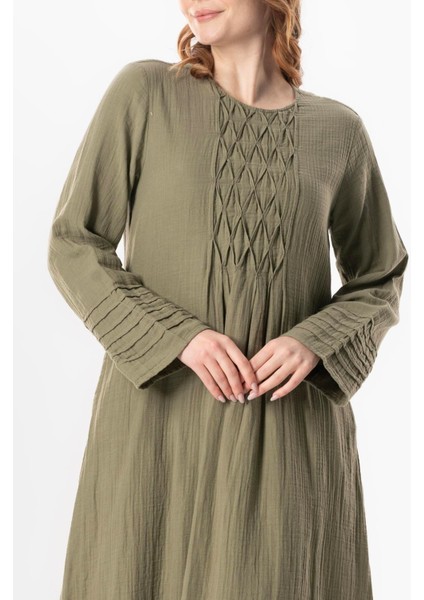Uzun Kol Şahika Nervür Detaylı Uzun Müslin Yazlık Elbise Haki Hk modelleri
