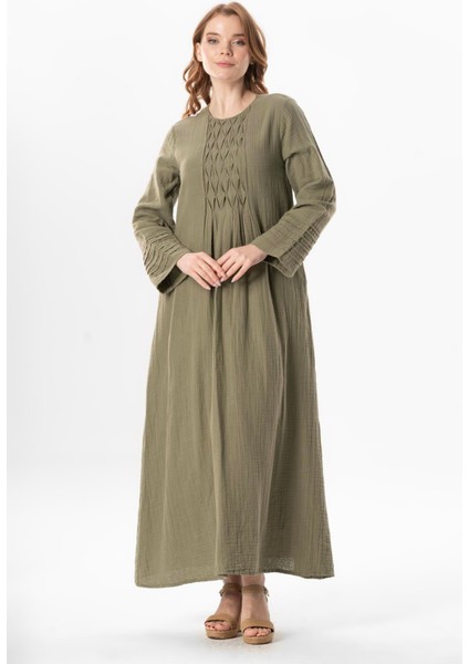 Uzun Kol Şahika Nervür Detaylı Uzun Müslin Yazlık Elbise Haki Hk indirimleri