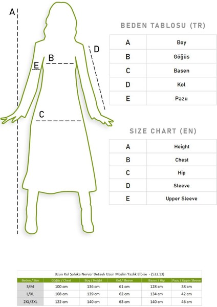 Uzun Kol Şahika Nervür Detaylı Uzun Müslin Yazlık Elbise Haki Hk