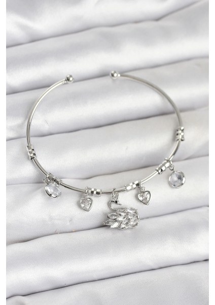 Kuğu Charmlı Gümüş Renk Kadın Bileklik