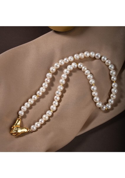 Beyaz Inci Doğal Taş Gümüş El Ele Kolye Zarif ve Şık Tasarım fırsatları