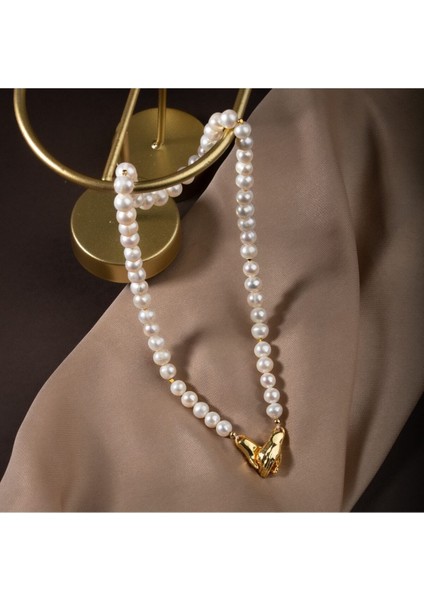 Beyaz Inci Doğal Taş Gümüş El Ele Kolye Zarif ve Şık Tasarım indirimleri