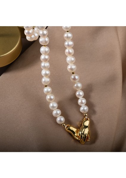 Beyaz Inci Doğal Taş Gümüş El Ele Kolye Zarif ve Şık Tasarım