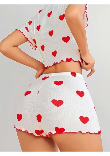 Zengezur Kadın Beyaz Kırmızı Kalp Desenli Şortlu Gecelik Takım 5023 fiyatları