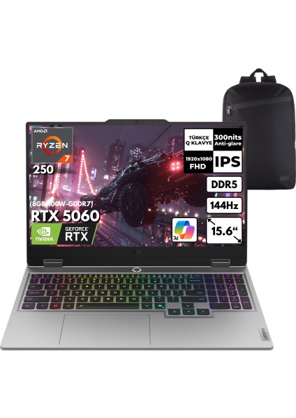 Loq Ryzen 7-250 40-Gbddr5 1 Tbssd RTX5060 (8GB-100W-GDDR7) 15.6" Fhd 144Hz Windows 10 Pro + Hmf Sırt Çantası 83JG006ETRHMF50