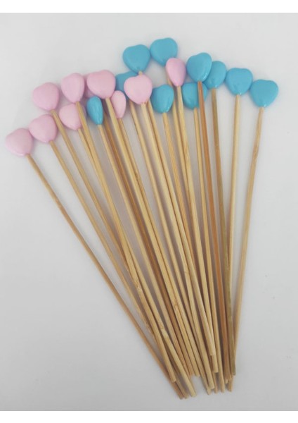 15 cm Uzun Kürdan - 20 Adet Pembe Mavi Kalp Boncuklu Kokteyl Karıştırıcı