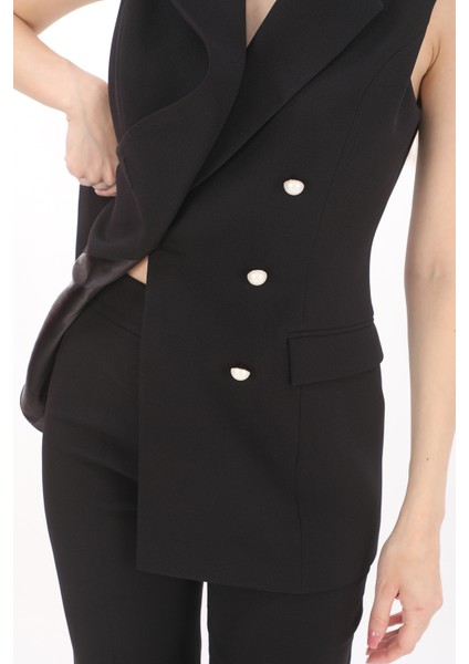 Kadın Kruvaze İnci Düğmeli Yelek ve Yüksek Bel Krep Pantolon Takım – Siyah fırsatları