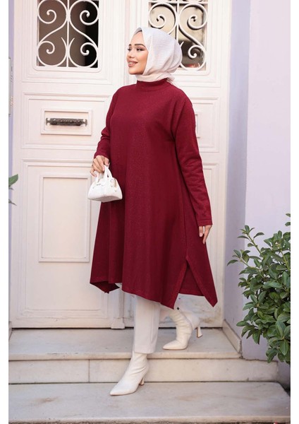 Merserize Bordo Tesettür Triko Panço Tunik 56401BR