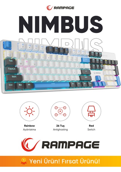 Nımbus Beyaz USB Rainbow Türkçe Red Switch 26 Tuş Anti-Ghosting Mekanik Klavye Oyuncu Klavyesi