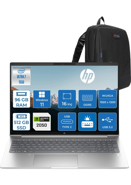 Probook 460 G11 Intel Core Ultra 7 155H Ddr5 96GB 512GB SSD Windows 11 Home RTX2050 4gb 16" Wuxga (1920 x 1200) IPS Taşınabilir Bilgisayar A23BYEAH37 + Zetta Çanta