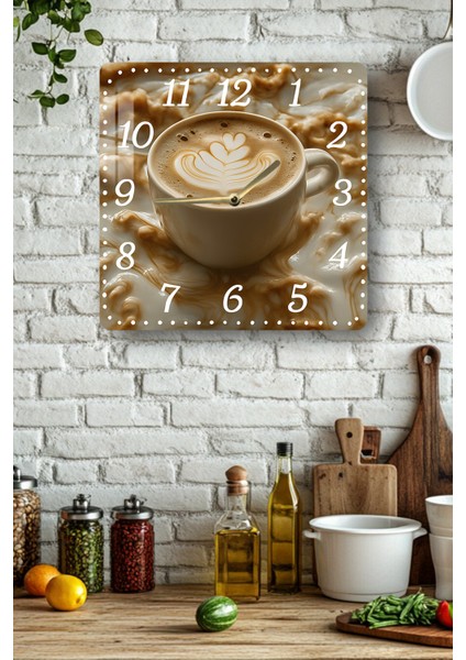 Kahve Temalı Temperli Cam Kare Saat 33X33 cm Ebadında Uv Baskı - KCS028