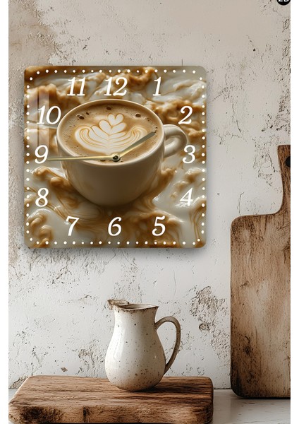 Kahve Temalı Temperli Cam Kare Saat 33X33 cm Ebadında Uv Baskı - KCS028 modelleri